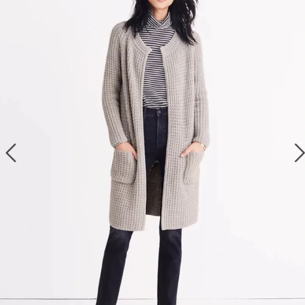 Madewell Waffle Stitch Long Sweater Cardigan Coat Pockets Gray/Silver Wool Blend